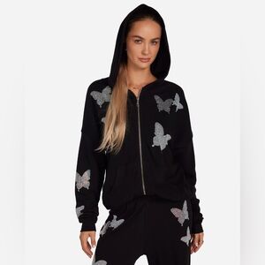 Lauren Moshi KOA Crystal Opal Butterflies Zip Up Hoodie Sweatshirt